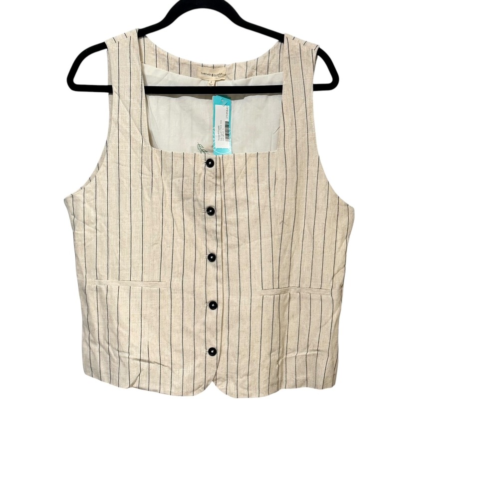 Thread & Supply Women Oatmeal Black Pinstripe Linen Blend Button Front Vest L